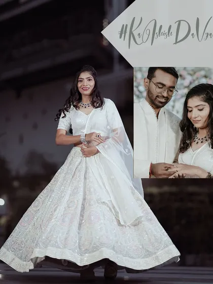 A collage featuring the bride in her white lehenga, along with a close up of the ring exchange. It perfectly captures the essence of an elegant engagement party.