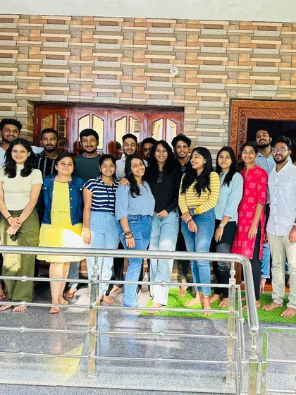 A happy group photo from the Netravathi trip homestay.