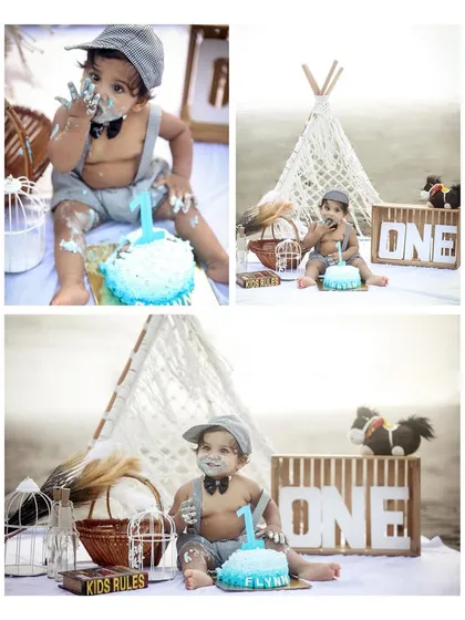 A collage инфекции a beach cake smash, showing the little boy enjoying his cake with a boho teepee setup in the background.