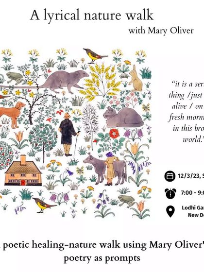 This poster for a Lyrical Nature Walk with Mary Oliver's poetry shows the beautiful artwork that often inspires our themes. It's an invitation to find serenity in the middle of a broken world.