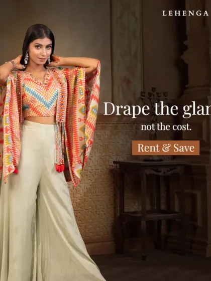 For a modern and chic look, I offer Indo-western outfits like this mint green palazzo set with a printed cape. It's a comfortable yet stylish choice for a mehendi, cocktail party, or a destination wedding event. This rental lets you embrace contemporary trends with ease.