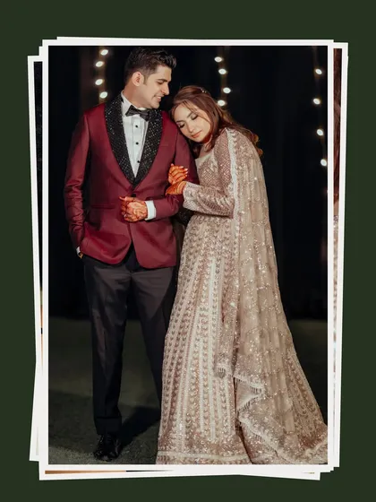 A classic portrait of Lokesh and Kritika, framed to look like a cherished polaroid. This shot captures their elegant western-style attire and the romance of the evening.