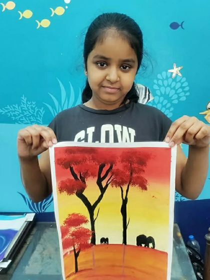 Another beautiful painting celebrating elephants. The artist used warm reds and oranges to create a striking silhouette against the setting sun.