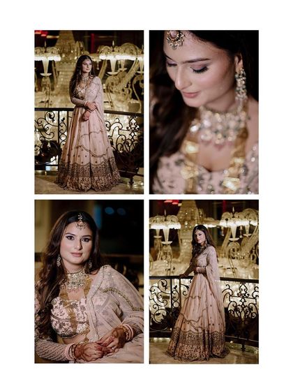A collage of bridal portraits from Ashi's engagement ceremony, showing off her elegant lehenga and stunning jewelry.