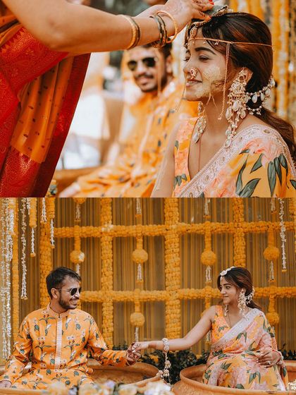 A split image showing a blessing from an elder and a sweet moment between the couple during their Haldi ceremony, telling a complete story.