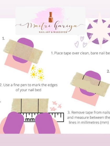 A step-by-step visual guide on how to measure your nails using tape. Just place the tape, mark the edges, and then measure the distance in millimeters with a ruler.