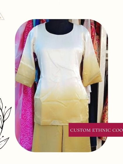 A custom ethnic co-ord set in an elegant ombre-dyed fabric. This simple yet stylish set includes a kurta and matching pants.