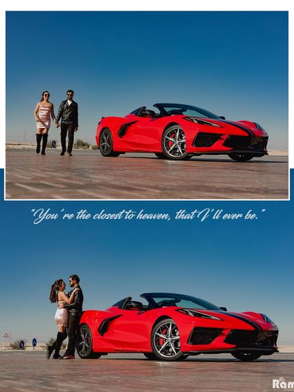 A cinematic collage featuring a couple and a red sports car in the desert. This layout combines a walking shot with an intimate embrace, creating a cool and aspirational pre-wedding vibe.
