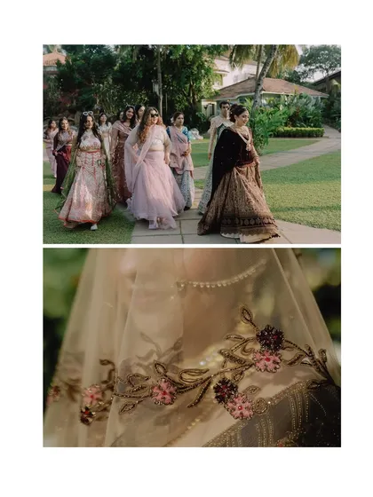 A diptych showing the bride's procession with her bridesmaids and a close-up of her intricately embroidered veil. A story of friendship and fine details.