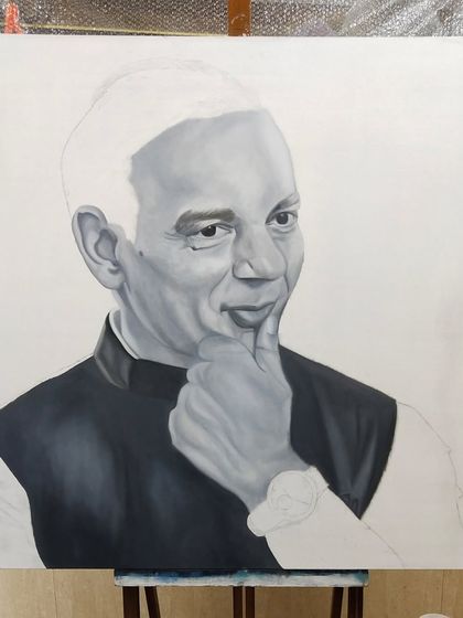 A work-in-progress picture of the monochromatic portrait for Shree Motilal Oswal. Working in black and white requires a deep understanding of light, shadow, and value to create a realistic image.