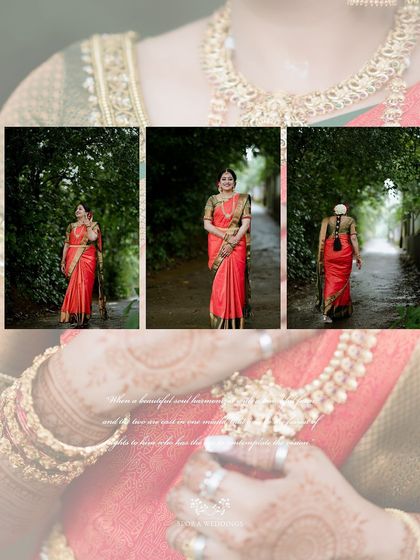 An artistic collage focusing on the bride's beauty, with close-ups of her henna-adorned hands and elegant saree.