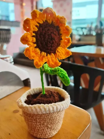 My crochet potted plant sitting on a cafe table. It's the perfect little companion for your workspace or a coffee break.