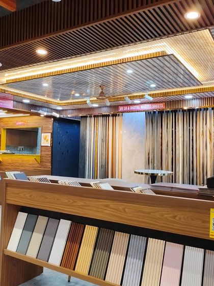 This area shows our sample stands for smaller tiles and panels, allowing for easy comparison of colors and textures.