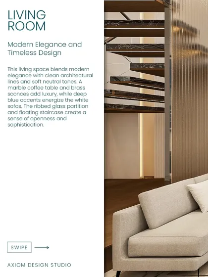 This living space blends modern elegance with clean architectural lines. A floating staircase with a ribbed glass partition adds a sense of openness and sophistication.