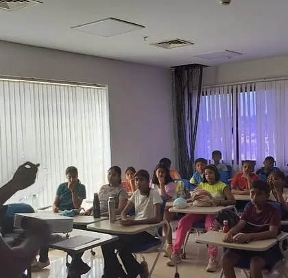 A classroom session in progress at the Jakkur Aero Sports Camp, where students learn the theory behind flight.