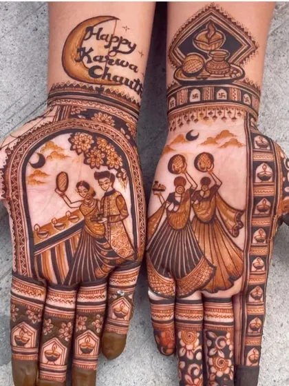 A beautiful and thematic Karwa Chauth design, showing a couple celebrating the festival, with "Happy Karwa Chauth" written on the other hand.
