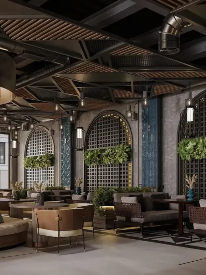 The design features large arched trellises with integrated planters, adding a structural and natural element to the industrial space. The mix of seating styles caters to different group sizes and preferences.