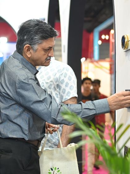 A visitor interacting with our smart keypad display on the final day of the D-arc exhibition. It was a fantastic finale with a bustling booth.