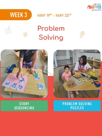 Week 3 of the Little Explorers Camp focuses on problem-solving. This graphic shows children engaged in story sequencing and puzzle activities, which are designed to develop their logical thinking and cognitive skills.