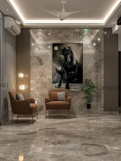 This view showcases the dramatic Italian marble flooring and wall cladding, which serves to highlight the client's bold artwork and create a gallery-like feel in this apartment living area.