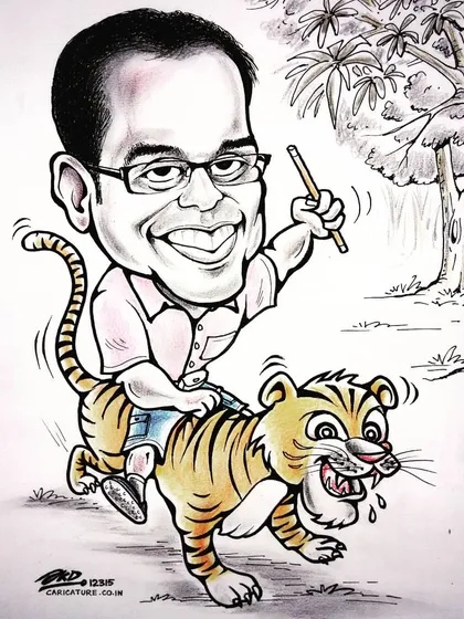 This is what I mean when I say we can get creative. A client wanted to see himself riding a tiger, and I brought that fun idea to life. Every caricature I draw is a unique story, hand-drawn with pen and markers.