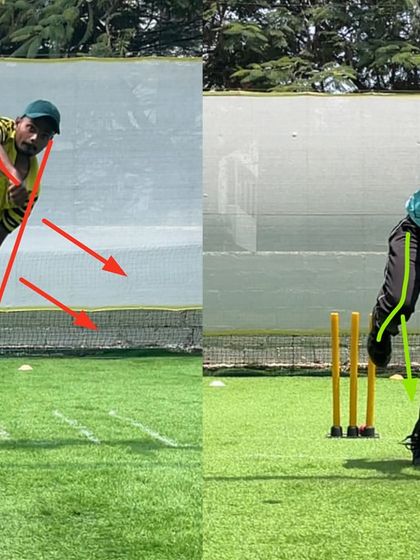 The 'before' image shows a collapsed and open body alignment. The 'after' shows how we reconstructed the action to be upright, aligned, and coordinated, giving this leg spinner a solid foundation.