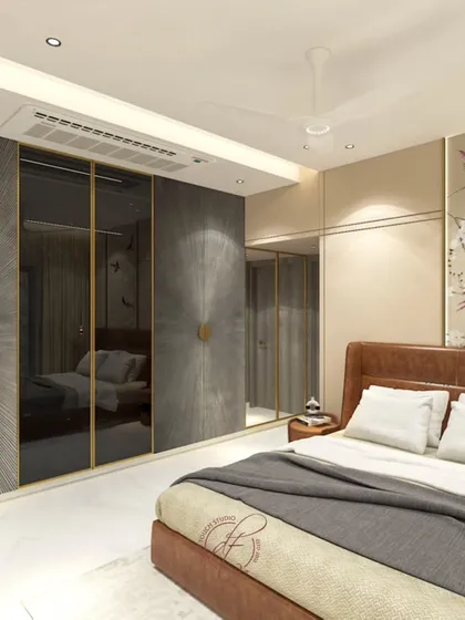 A 3D render of a luxurious bedroom, featuring a stunning wardrobe with a unique radial pattern and elegant gold handles. The serene wall art with bird and flower motifs adds a touch of nature.