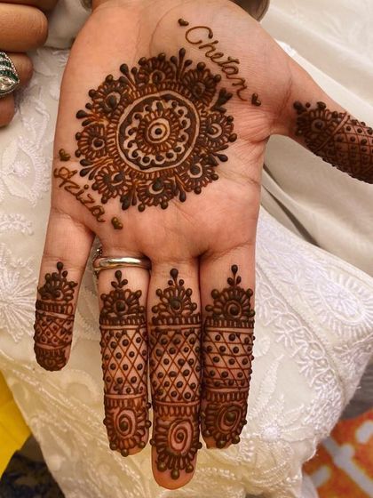 A simple and personal design. This features a central mandala with the names of the couple written around it, and simple patterns on the fingertips.