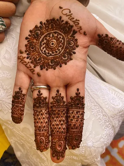 This design features a beautiful mandala with the names 'Chetan' and 'Heiza' elegantly written around it. It's a perfect way to carry the names of loved ones.