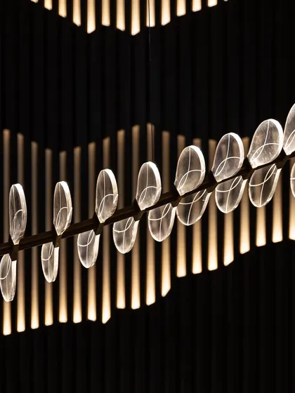 This close-up highlights a custom chandelier from our Silhouette project. The light features a series of leaf-like glass elements, creating an organic and artistic fixture that is both a source of light and a piece of sculpture.