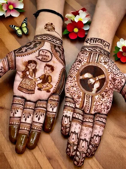 A heartfelt Raksha Bandhan design celebrating the bond between a brother and sister. One palm shows a custom portrait with 'My Super Bro', while the other features the symbolic act of tying a rakhi.