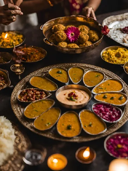 A traditional Indian thali, beautifully arranged for a festive occasion. We honour heritage recipes while presenting them with an elevated, contemporary touch.