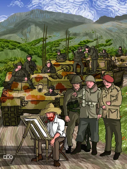 In a pause during a conflict, soldiers gather around an artist who is peacefully painting at his easel. This piece suggests that even for a brief moment, the act of creating beauty can provide a powerful counterpoint to the tide of destruction.