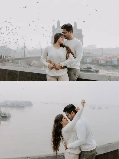 Two beautiful moments captured at the Gateway of India, one with the iconic structure and seagulls, the other a joyful, romantic embrace.