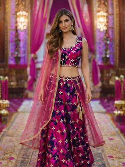 This image captures the confident and stylish vibe of the pink and purple lehenga. The crop top and flowing skirt are perfect for an evening of dance and celebration.