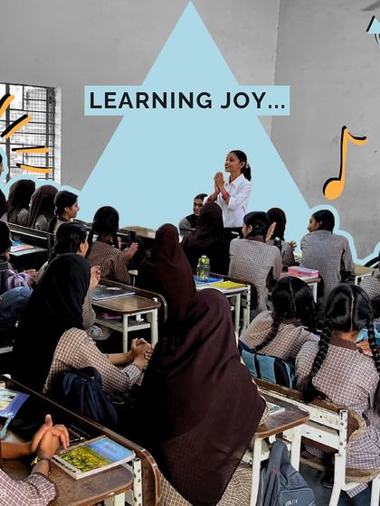A classroom full of students engaged in a music session about joyful learning. The graphic overlay emphasizes the happiness and confidence that our programs foster.