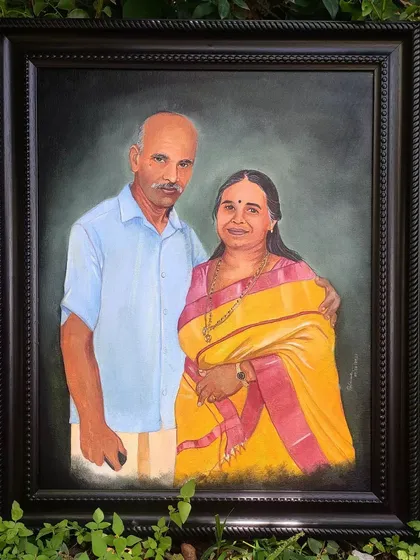 This is a commissioned oil painting on canvas, created to be a timeless family heirloom. My goal with oil portraits is to achieve a classic, rich quality that captures the dignity and warmth of the subjects for generations to enjoy.