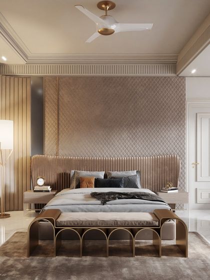 A luxurious bedroom render characterized by its soft, curved furniture and textured wall panels. The different angles showcase the spacious layout and the elegant, contemporary design.