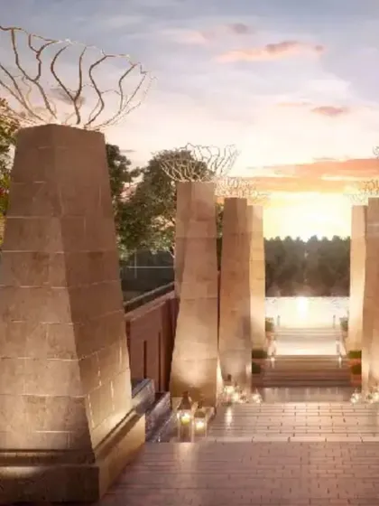 Wishing you all a very Happy and Prosperous Diwali. This image of our landscape design for Mahindra Vista features dramatic lighting on monumental pillars, creating a festive and welcoming glow.