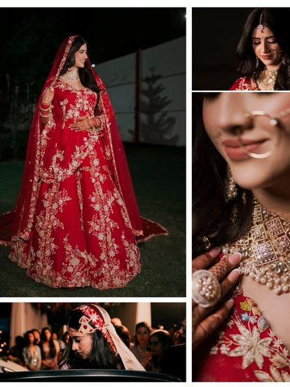 A collage of the bride's wedding day moments, from her grand entrance to close-ups of her jewelry and her emotional departure.