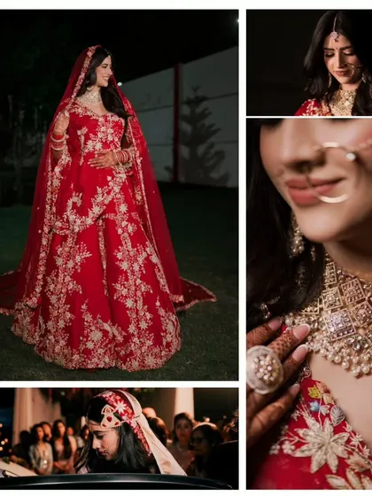 A collage of the bride's wedding day moments, from her grand entrance to close-ups of her jewelry and her emotional departure.