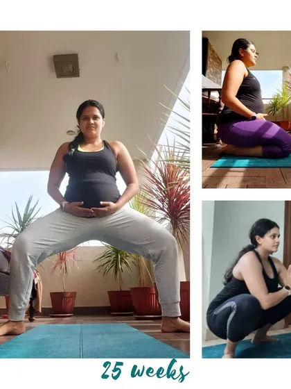 This mama at 25 weeks is finding her flow with Goddess Pose and deep squats, connecting with her growing baby.