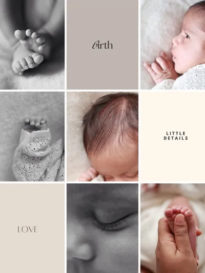 A grid collage of newborn details: feet, hands, hair, and sleepy faces. These are the little details that tell the big story of birth and love.