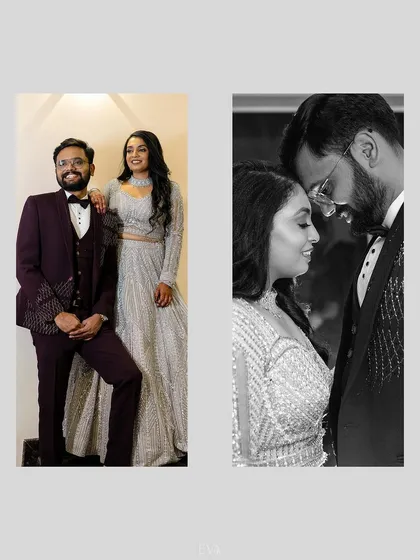 A collage pairing a full-length shot of the couple with an intimate black and white close-up, showing both their style and their connection.