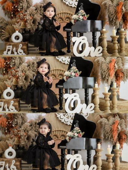 A collage of adorable poses from a boho chic first birthday session. This shows the variety of shots we can get, all centered around the stylish miniature piano setup.