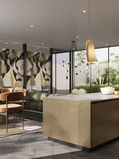 With the partition closed, the custom statement wall becomes the focal point of this San Francisco living area. The design maintains a sense of openness while creating a more intimate setting for dining and relaxing.