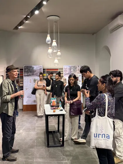 Puran Kumar engaging with visitors at our exhibition at the Poltrona Frau store during KGAF.