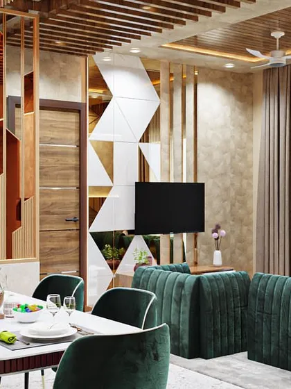 A 3D render illustrating a dining area with rich green chairs and a feature wall made of vertical wooden slats and mirrors. This concept explores the interplay of texture, reflection, and color.
