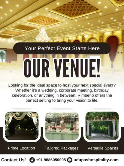 Your perfect event starts here. This promotional graphic for our Rimberio venue highlights our key advantages: a prime location, tailored packages, and versatile spaces for weddings, corporate meetings, and more.