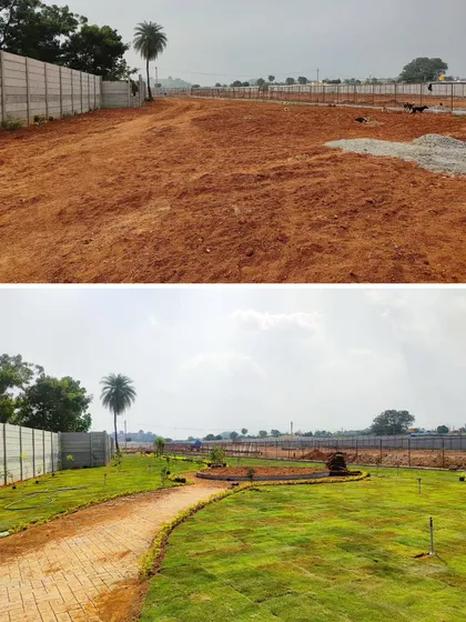 This shows the potential of large, empty plots. I turned this barren land into a community park by designing walkways, planting grass lawns, and adding trees, creating a sustainable green space for everyone to enjoy.